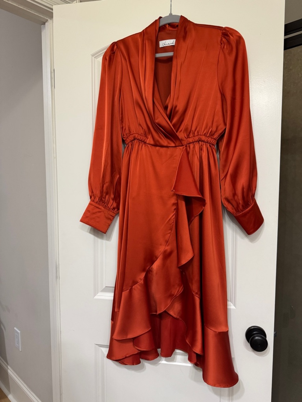 Chicwish Rust Satin Wrap Midi Dress with Ruffle Front